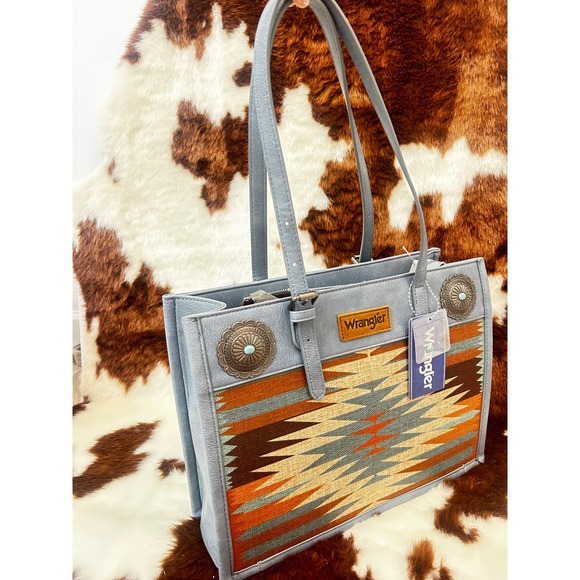 Wrangler Aztec Print Tote Bag Blue Faux Leather Western Concho Handbag NEW - Picture 4 of 6